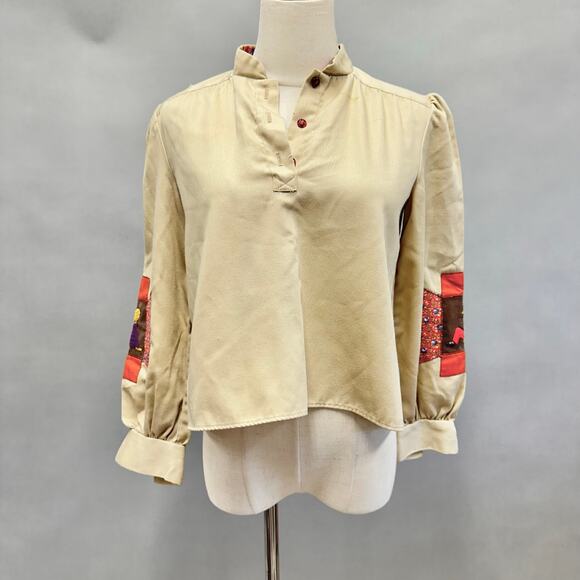 Vintage 70s tan patchwork sleeve twill cropped long sleeve Boxy top Size Small - Picture 1 of 15